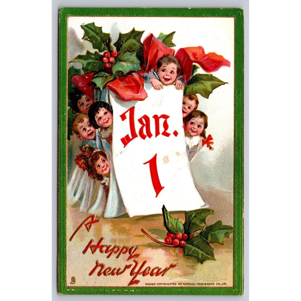 1910 Tuck & Sons New Year Postcard Children Holly San Bernardino CA Postmark